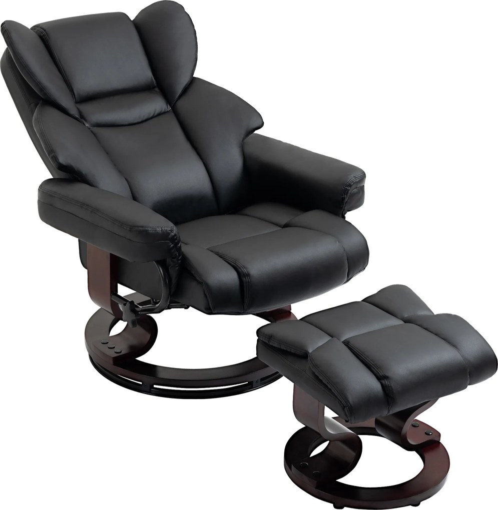 HOMCOM Fotoliu Relaxant si Puf, Reclinabil la 145° cu Scaun Rotativ din Piele Ecologica, Negru | Aosom Romania