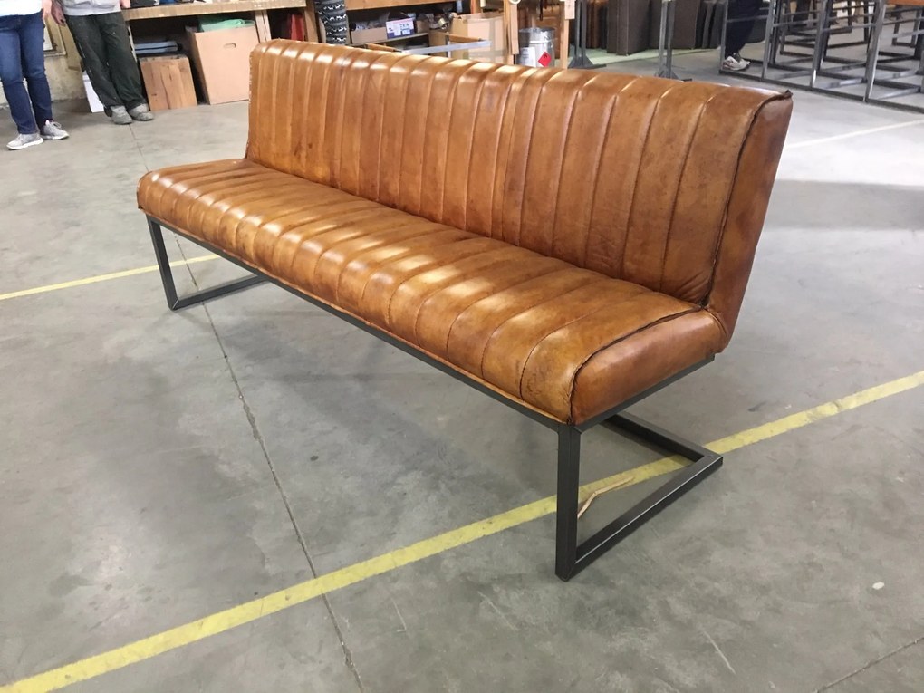 Bancheta de bucatarie din piele de bivol in stil industrial ✔ model IVY | Dimensiuni: 200x60x87x52 cm