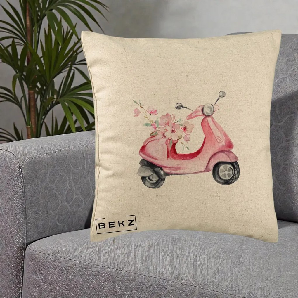 Perna Decorativa Scuter Roz cu Flori Acuarela, 40x40 cm, Bej, Husa Detasabila, Perna Inclusa, BEKZ®