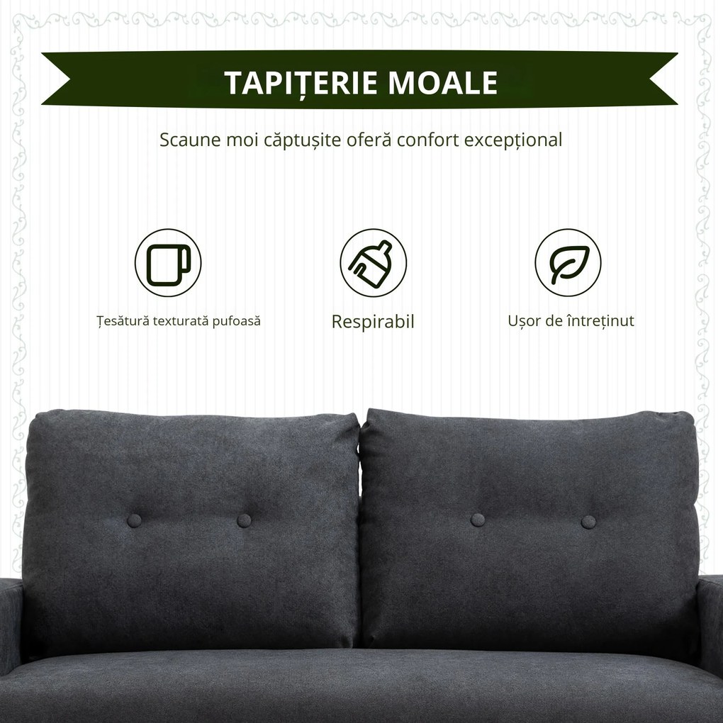 HOMCOM Canapea Modernă cu 2 Locuri cu Spătar Matlasat, din Poliester și Lemn, 145x76x88 cm, Gri | Aosom Romania