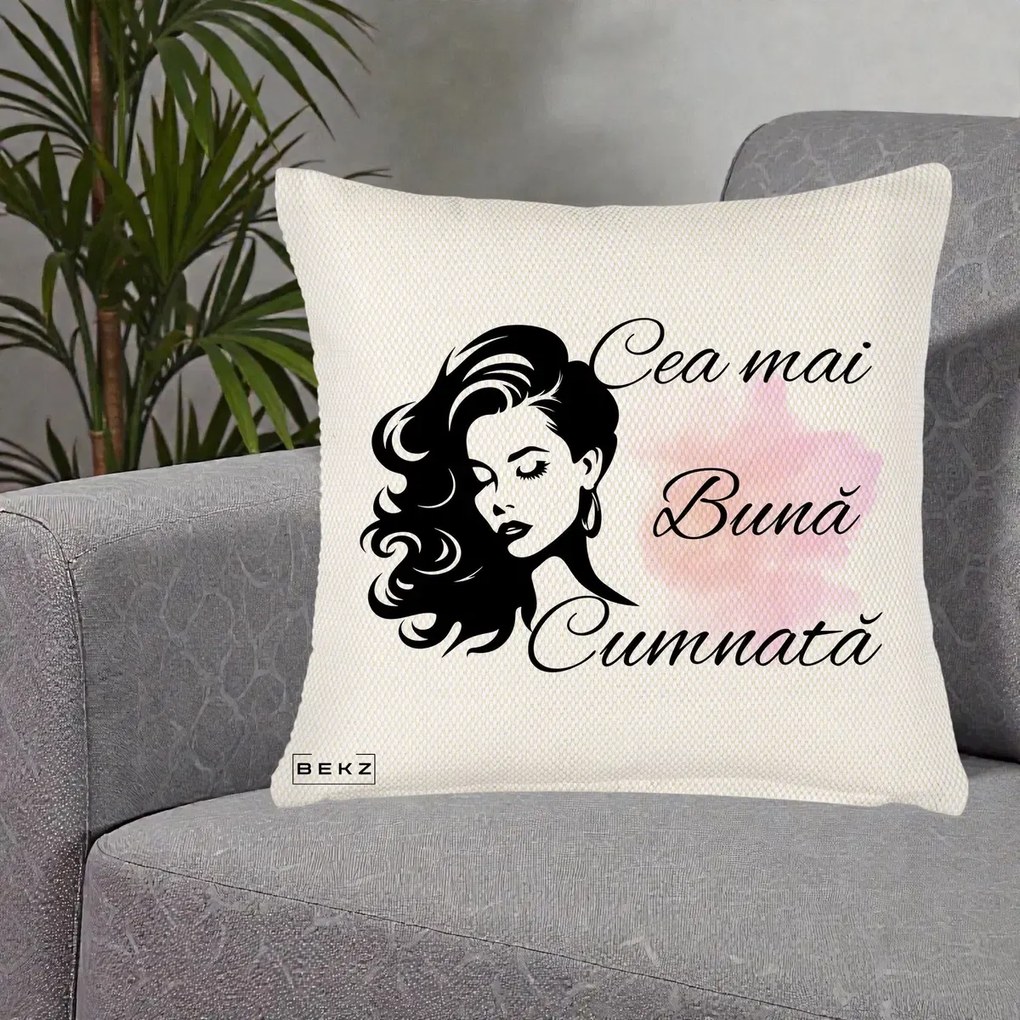 Cadou pentru Cumnata - Perna Personalizata Cea mai Buna Cumnata cu Silueta Dama si Pete Roz, 40x40 cm, Crem Reliefat, Husa Detasabila, Perna Inclusa, BEKZ®