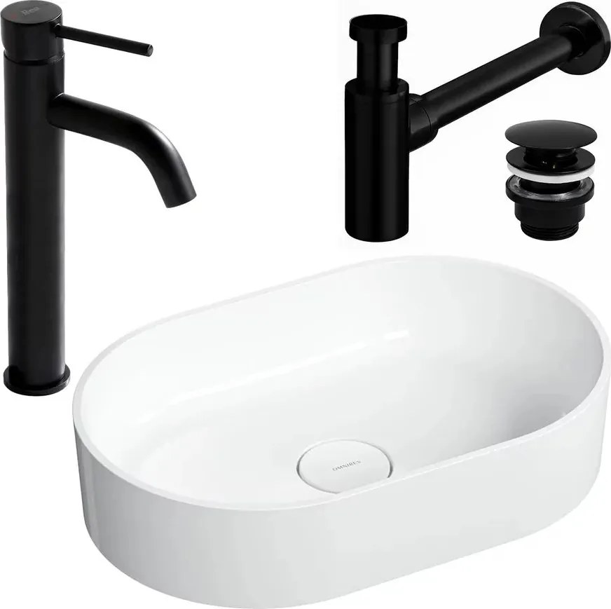 Pachet lavoar pe blat Omnires Ovo M+ alb 55 cm, baterie lavoar Rea Lungo negru si ventil pentru lavoar Click-Clack negru
