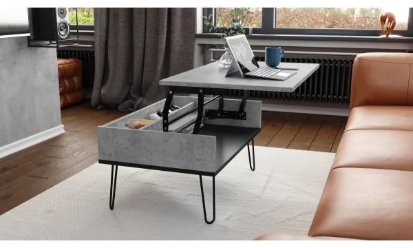 Masă de cafea HALIJA cu mecanism de ridicare a blatului și poliță, gri beton/negru