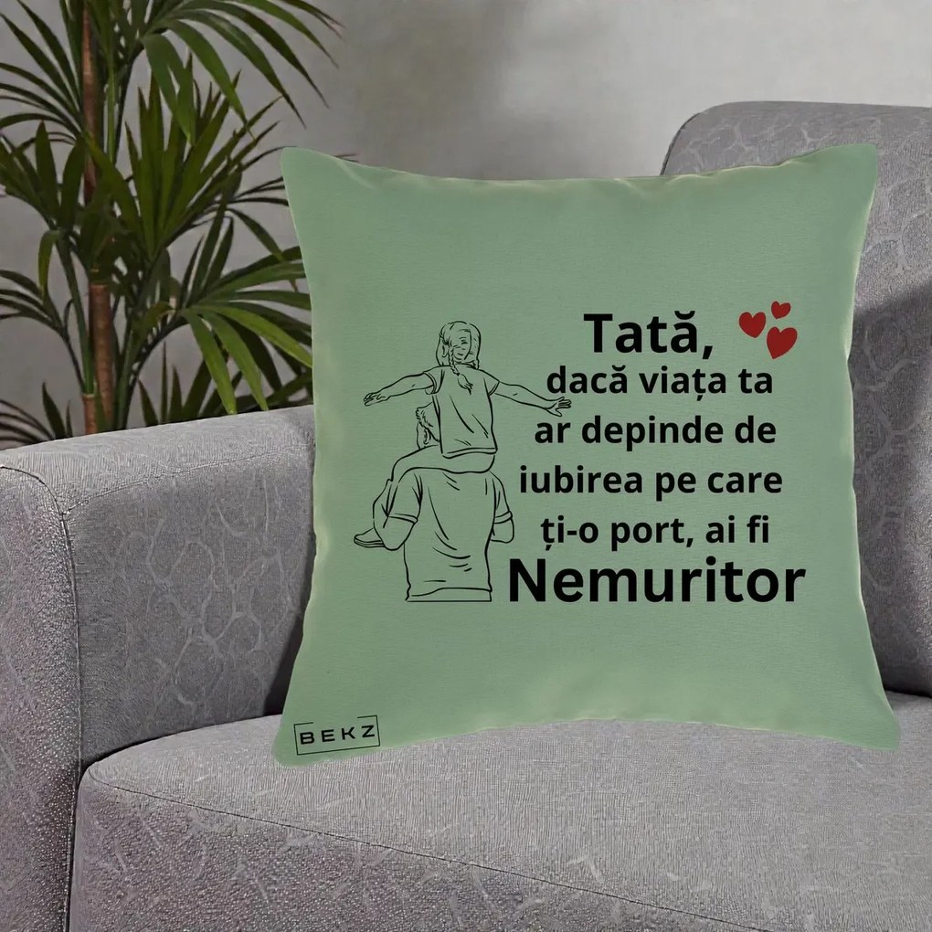 Cadou pentru Tata - Perna Personalizata Tata Supererou Nemuritor, 40x40 cm, Verde, Husa Detasabila, Perna Inclusa, BEKZ®