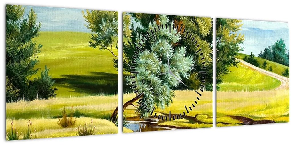 Tablou - Râu între câmpii, pictură în ulei (cu ceas) (90x30 cm)