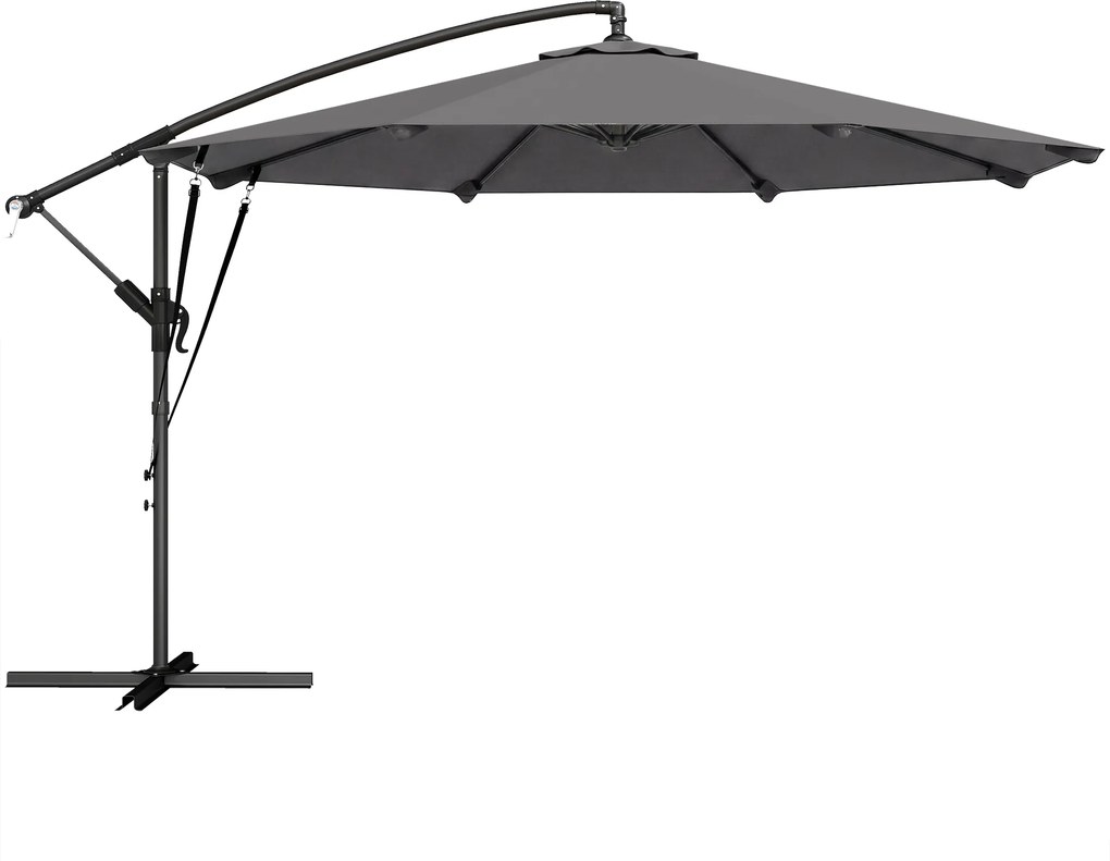 Outsunny Umbrelă Excentrică Ø300 cm cu Bază Încrucișată Manivelă Husă de Protecție și Sfori Anti-vânt UPF30+ Gri închis | Aosom Romania