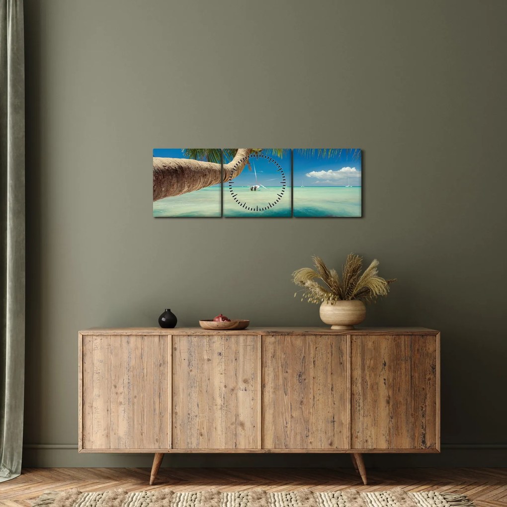 Tablou - Mare curată cu palmier (cu ceas) (90x30 cm)