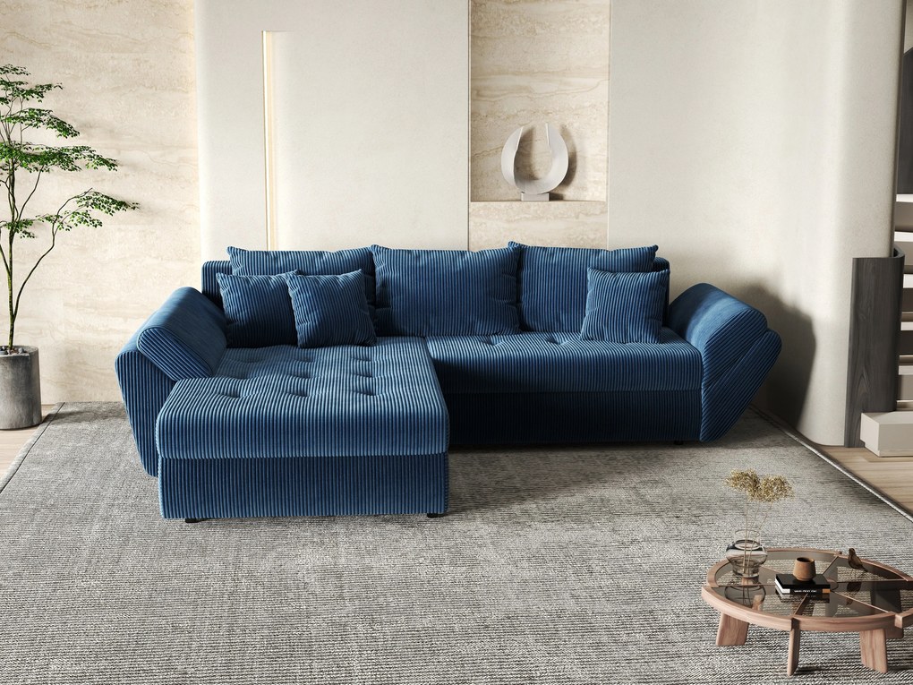 Colțar extensibil dumonde cu ladă de depozitare si sezut confortabil din spuma high-density, Loana Zoom Blue 270x185 cm