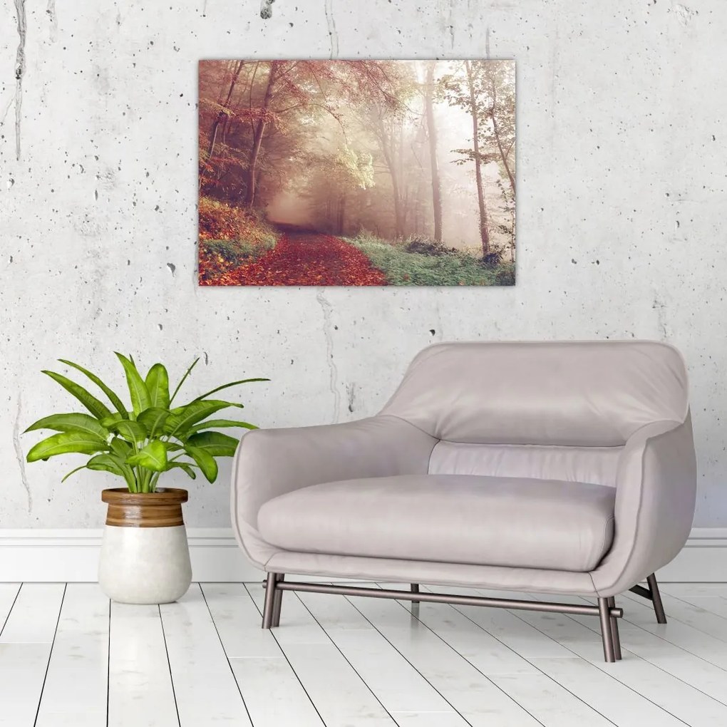 Tablou pe sticlă - Plimbarea de toamnă prin pădure (70x50 cm)