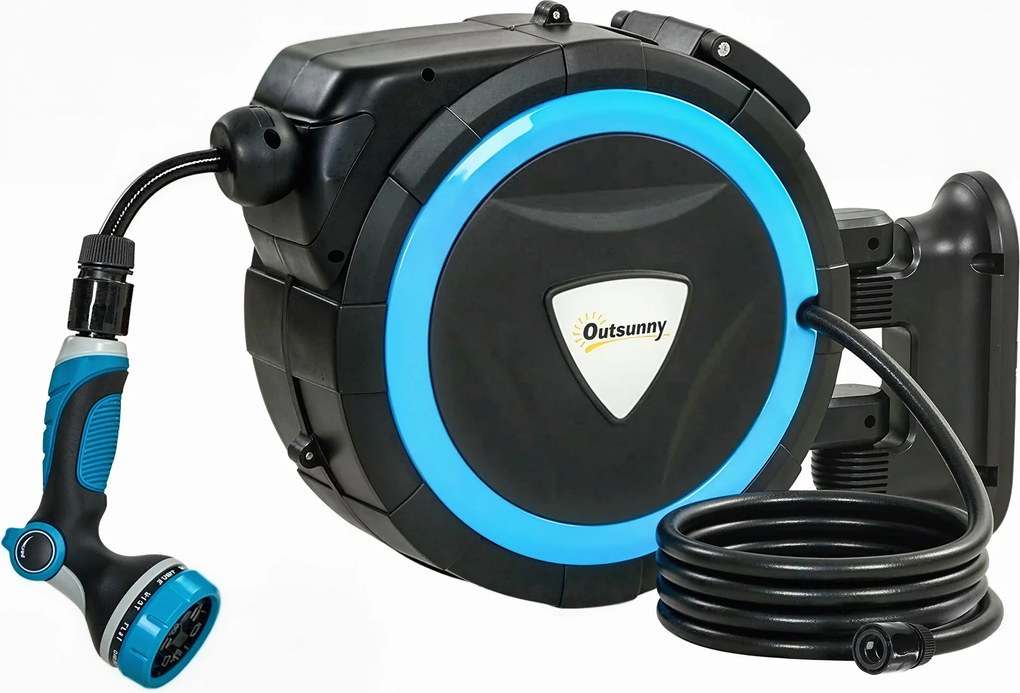Outsunny Derulator Furtun Udare Montat pe Perete 14+1,5 m cu Blocare și Adaptoare, Rotativ 180°, 12 Moduri, 49x15x37cm, Albastru | Aosom Romania
