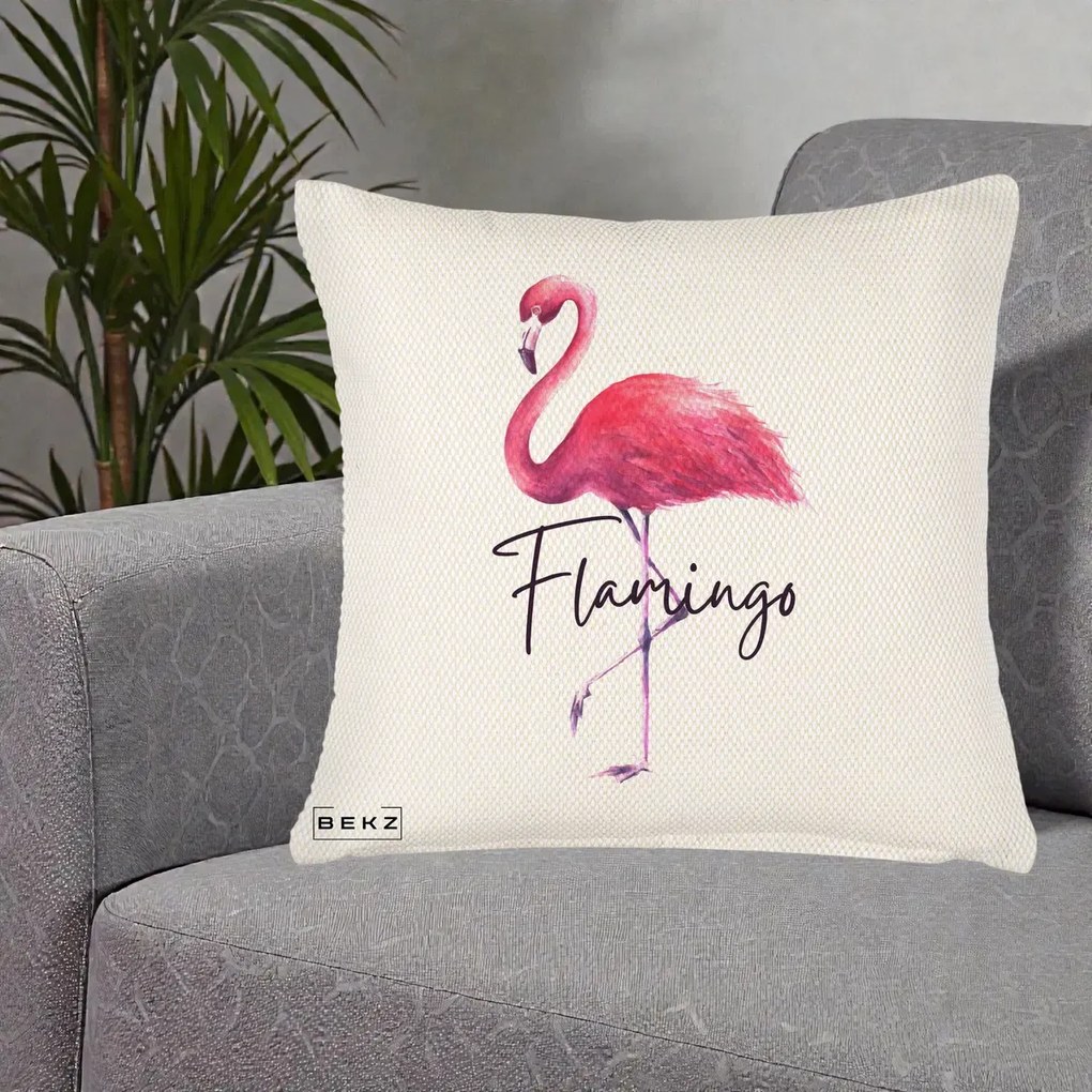 Perna Decorativa Flamingo Acuarela, 40x40 cm, Crem Reliefat, Husa Detasabila, Perna Inclusa, BEKZ®