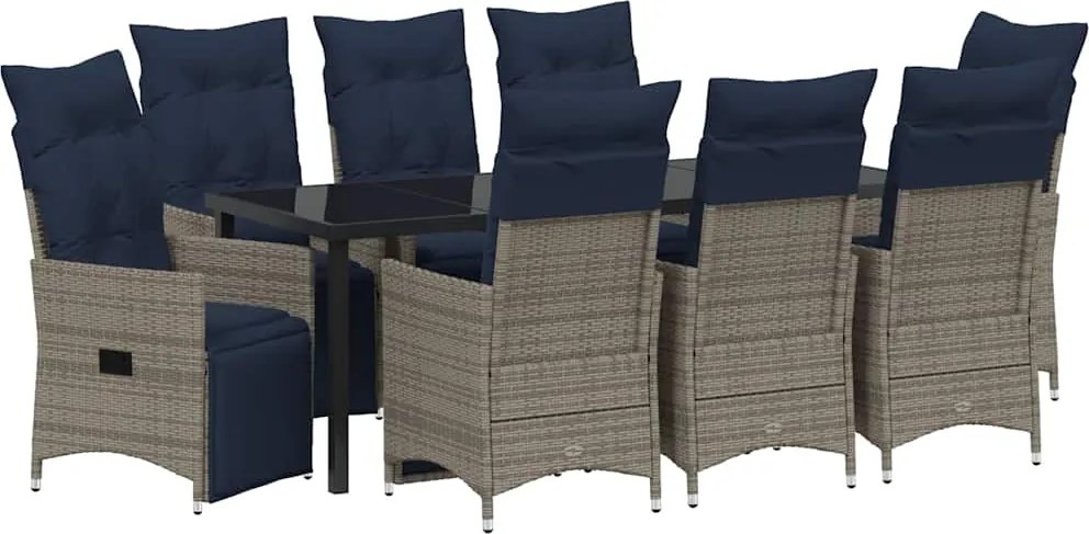 vidaXL Set de masă și scaune cu pernă 9 pcs Gri Ratan PE