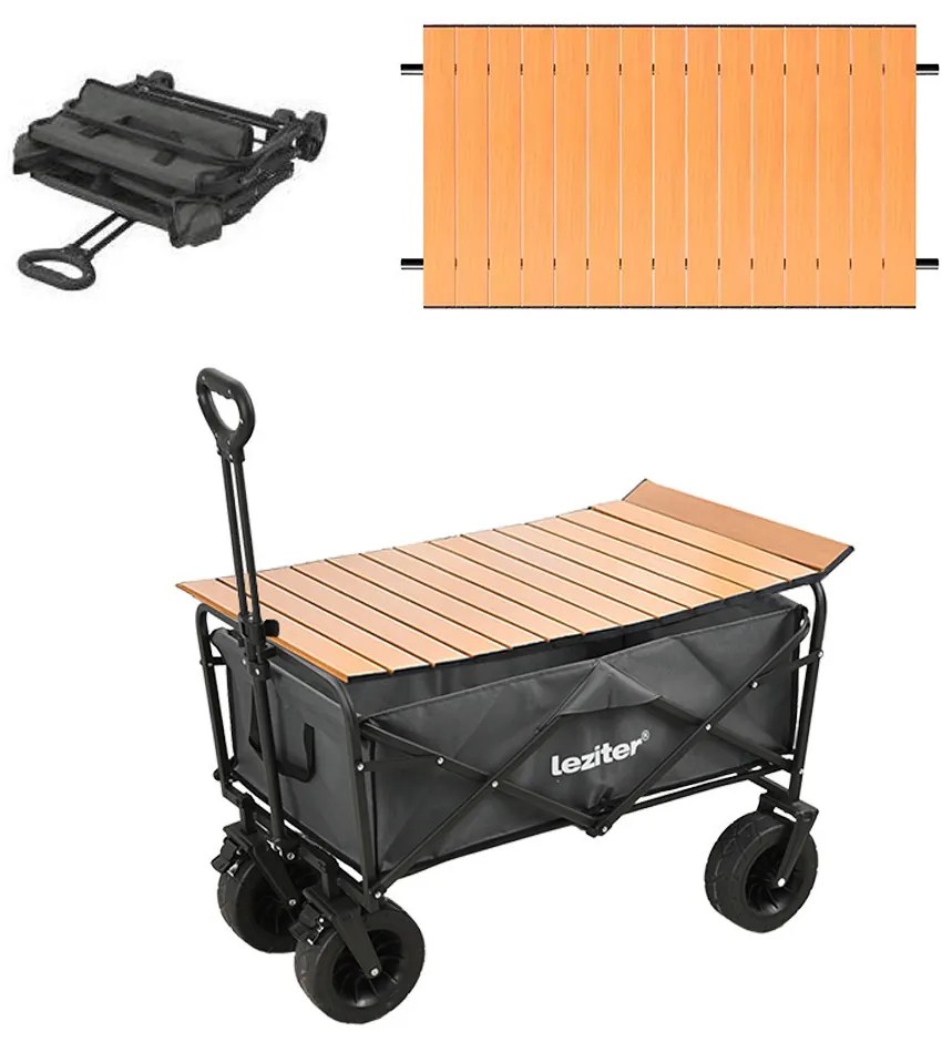 Cărucior de plajă pliabil de grădină premium cu masă gri