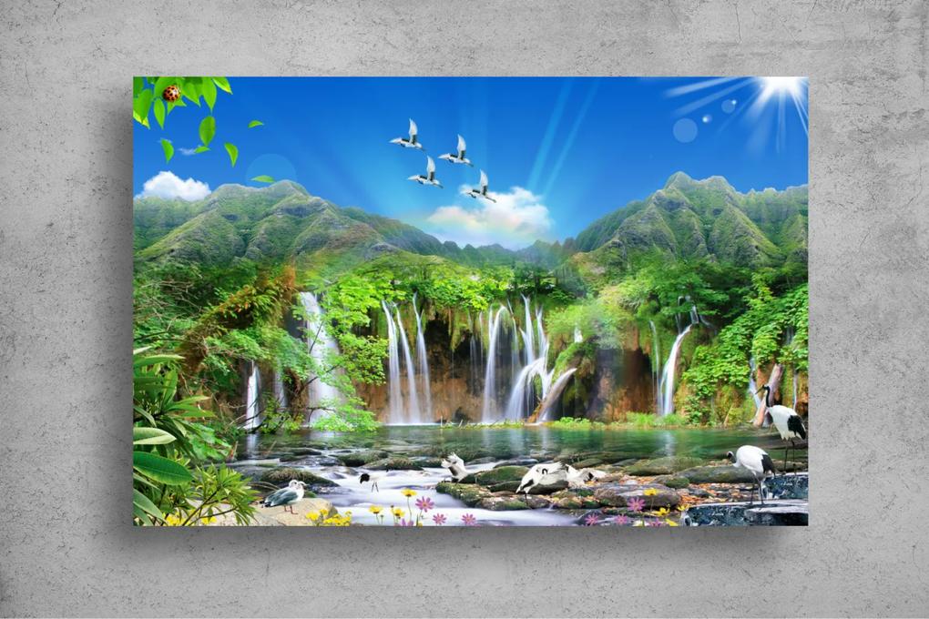Tapet Premium Canvas - Cascada si pasarile in zbor 3d abstract