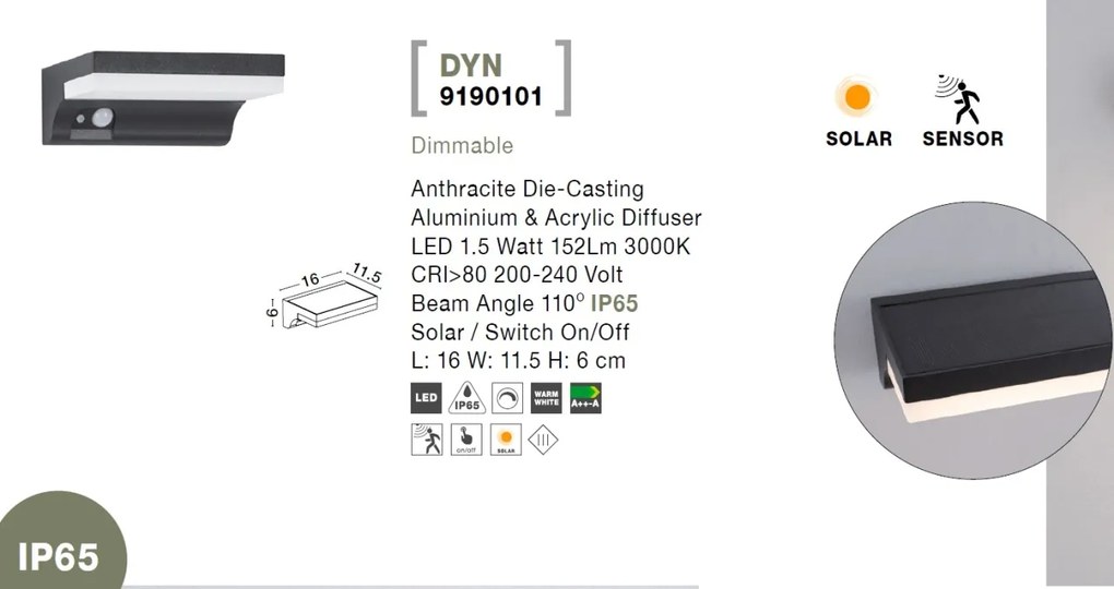 Aplica LED solara de exterior cu senzor miscare IP65 DYN