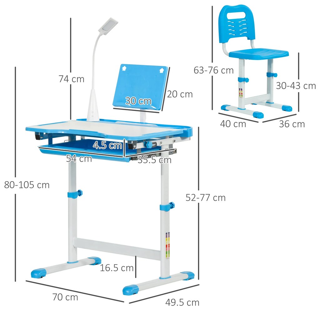 HOMCOM Birou Copii de 6-12 ani cu Lampa, masa cu scaune copii, cu design Ergonomic, Inălțimea Reglabilă, 70x49.5x80-105 cm | Aosom Romania