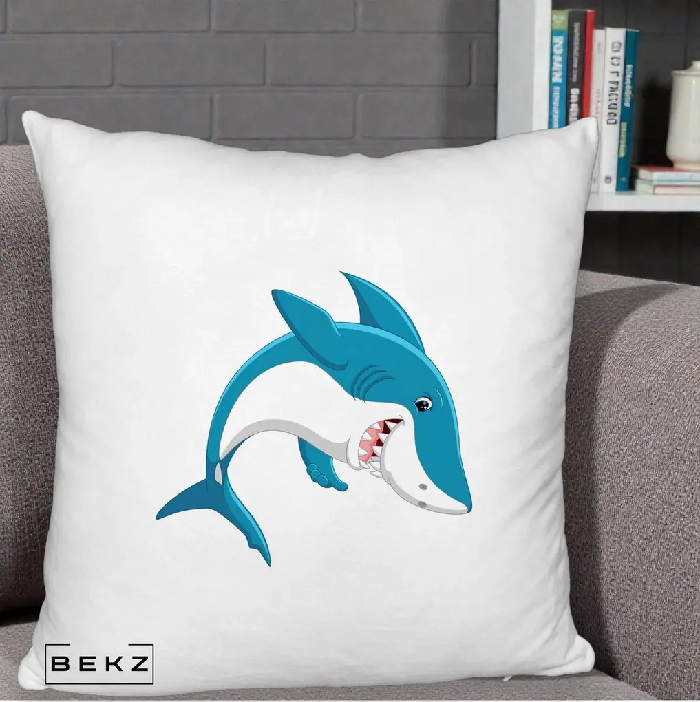 Perna Decorativa Rechin Albastru Cartoon, 40x40 cm, Alb Pufos, Husa Detasabila, Perna Inclusa, BEKZ®