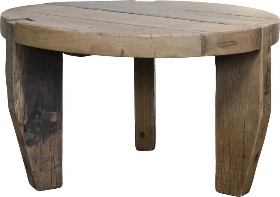 Măsuță de cafea rotundă din lemn reciclat, natur, cu 3 picioare masive și aspect rustic, finisaj mat, 48 x 80 cm, „Grimaud”