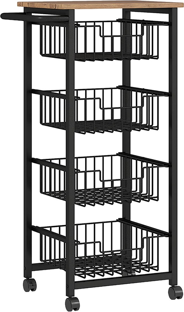 HOMCOM Cărucior de Bucătărie cu 4 Coșuri Detașabile, Roți și Frâne, Oțel și Lemn, 49.5x31x91 cm, Stejar | Aosom Romania