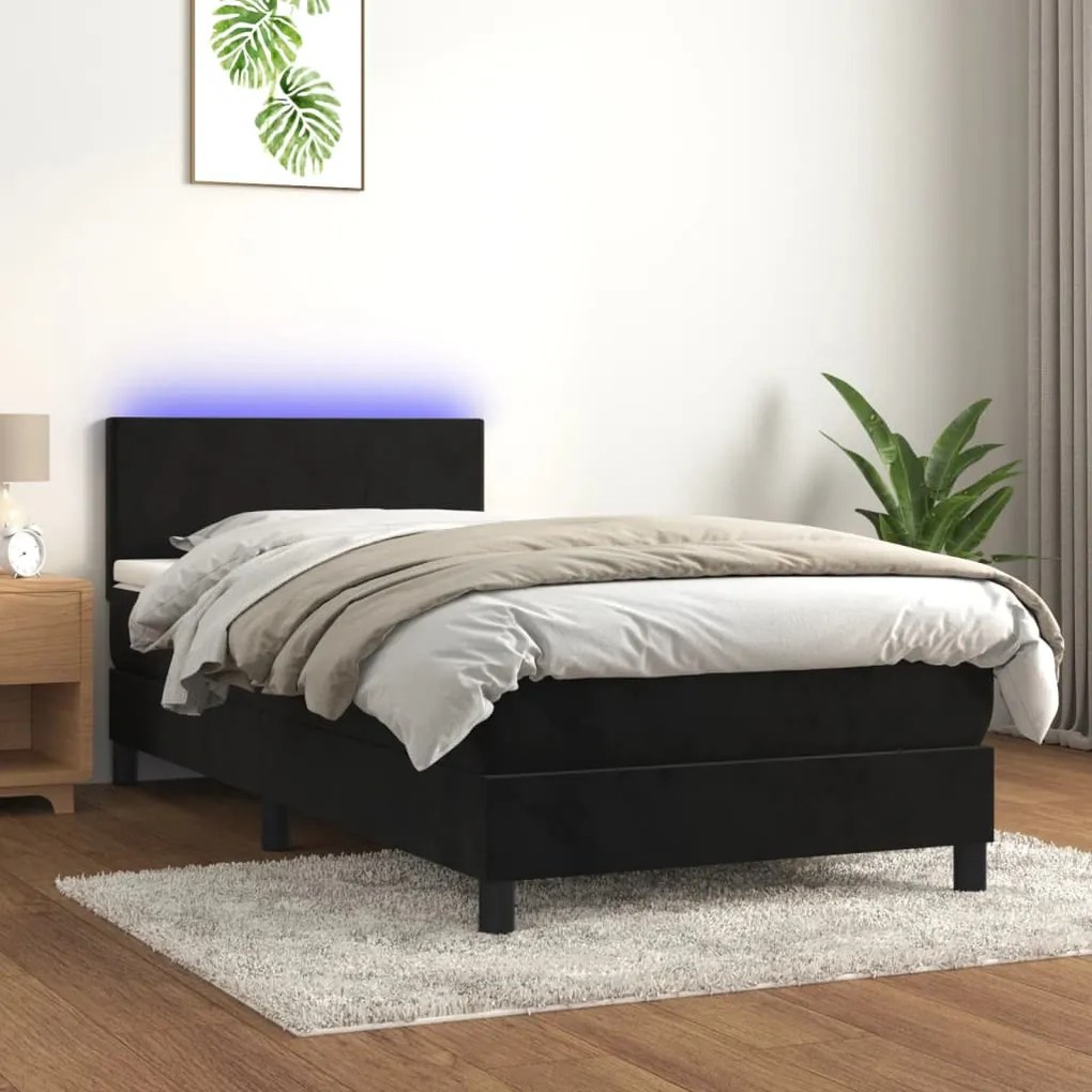 3134257 vidaXL Pat cu arcuri, saltea și LED, negru, 90x190 cm, catifea