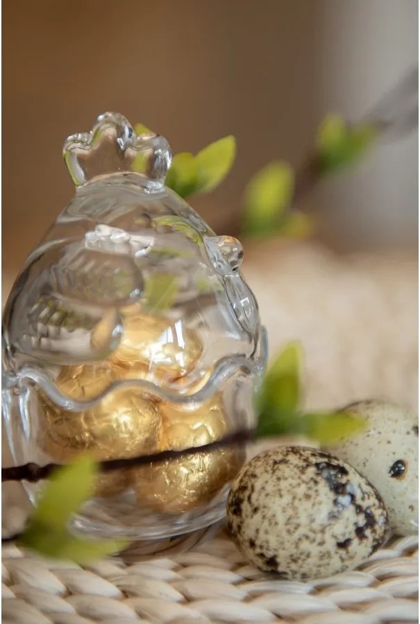 Borcan din sticlă, transparent, cu capac găină, Ø 6x9 cm