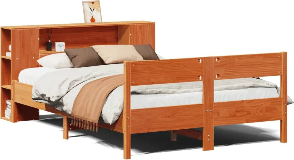 vidaXL Pat cu bibliotecă fără saltea maro 150x200 cm lemn masiv de pin