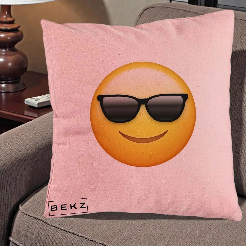 Perna Decorativa Emoji Cool Ochelari, 40x40 cm, Roz, Husa Detasabila, Perna Inclusa, BEKZ®