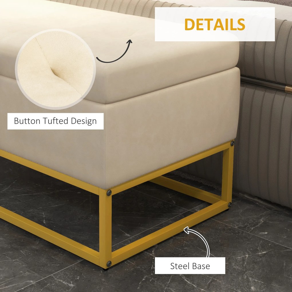HOMCOM Bancă de Depozitare Rectangulară cu Șezut Căptușit și Picioare din Oțel, 110x44x49 cm, Bej | Aosom Romania