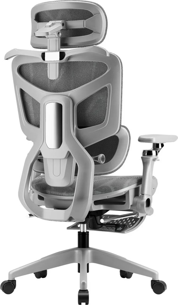 Scaun ergonomic, translatie sezut, cotiere 6D, tetiera 3D, suport lombar reglabil, pivotant, suport pentru picioare, Gri