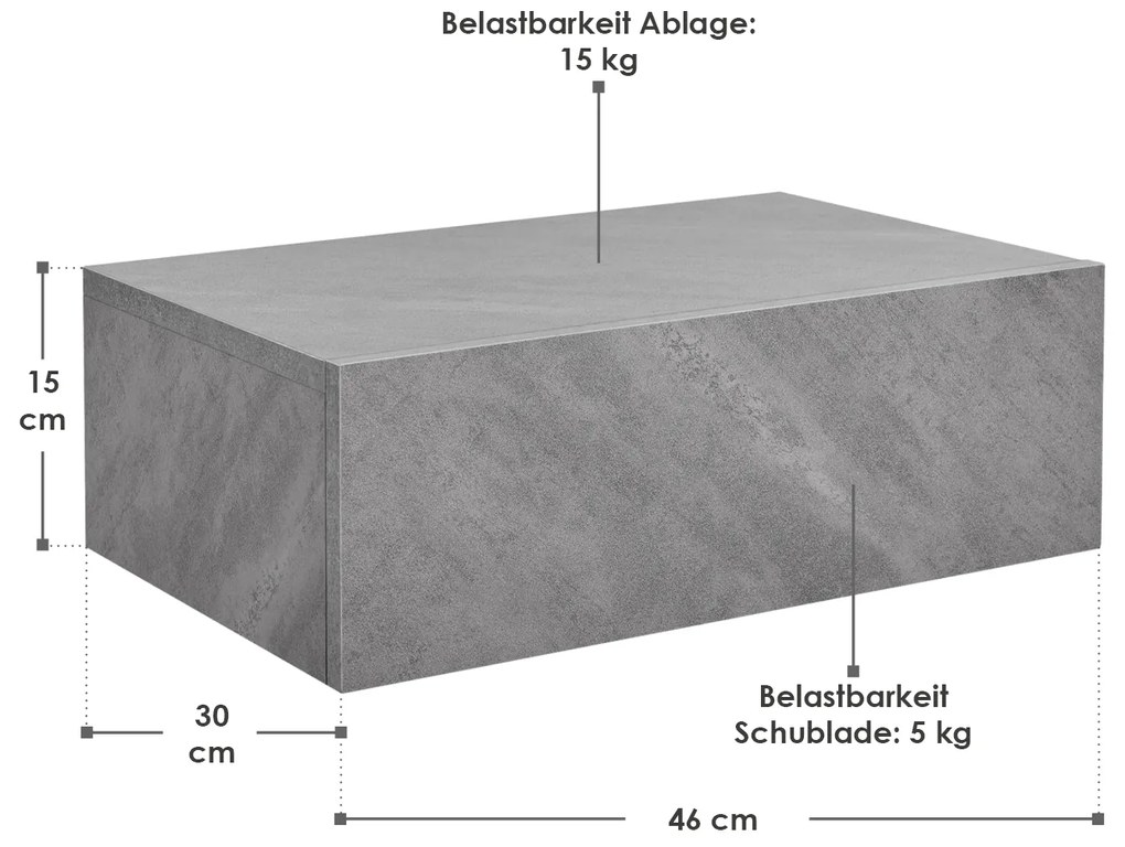 Noptiera montata pe perete 46x30x15 cm cu sertar, aspect beton