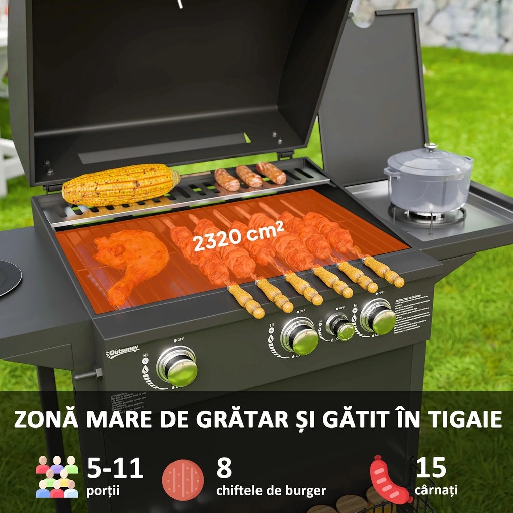 Outsunny Grătar pe Gaz cu Arzătoare Independente 3+1, Capac, Termometru și Măsuță Laterală, 123x57x98 cm, Negru | Aosom Romania