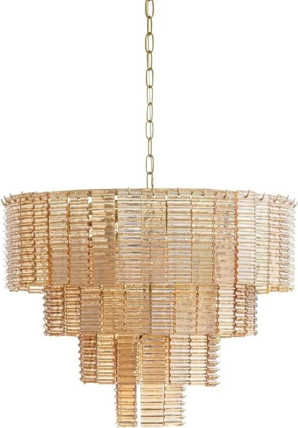 Lustră din sticlă și alamă aurie cu structură piramidală și elemente din sticlă suspendate în cascadă, 53 × 65 cm, „Versalia"