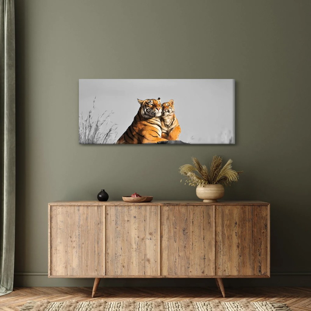 Tablou - Tigroaica cu pui, versiunea alb-negru (120x50 cm)