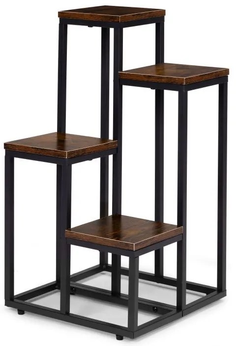 Suport pentru flori Loft - 4 rafturi, oțel negru și decor din lemn