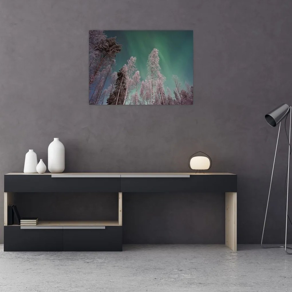 Tablou cu aurora borealis deasupra pomilor înghețați (70x50 cm)