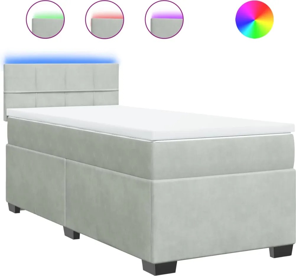 vidaXL Pat box spring cu saltea, gri deschis, 90x200 cm, catifea