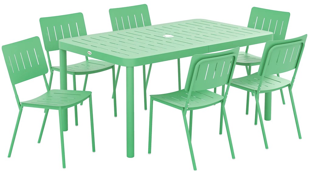 Outsunny Masă de grădină exterioară cu 6 scaune, placă cu lamele 150 cm, structură din oțel rezistent la rugina, verde | Aosom Romania