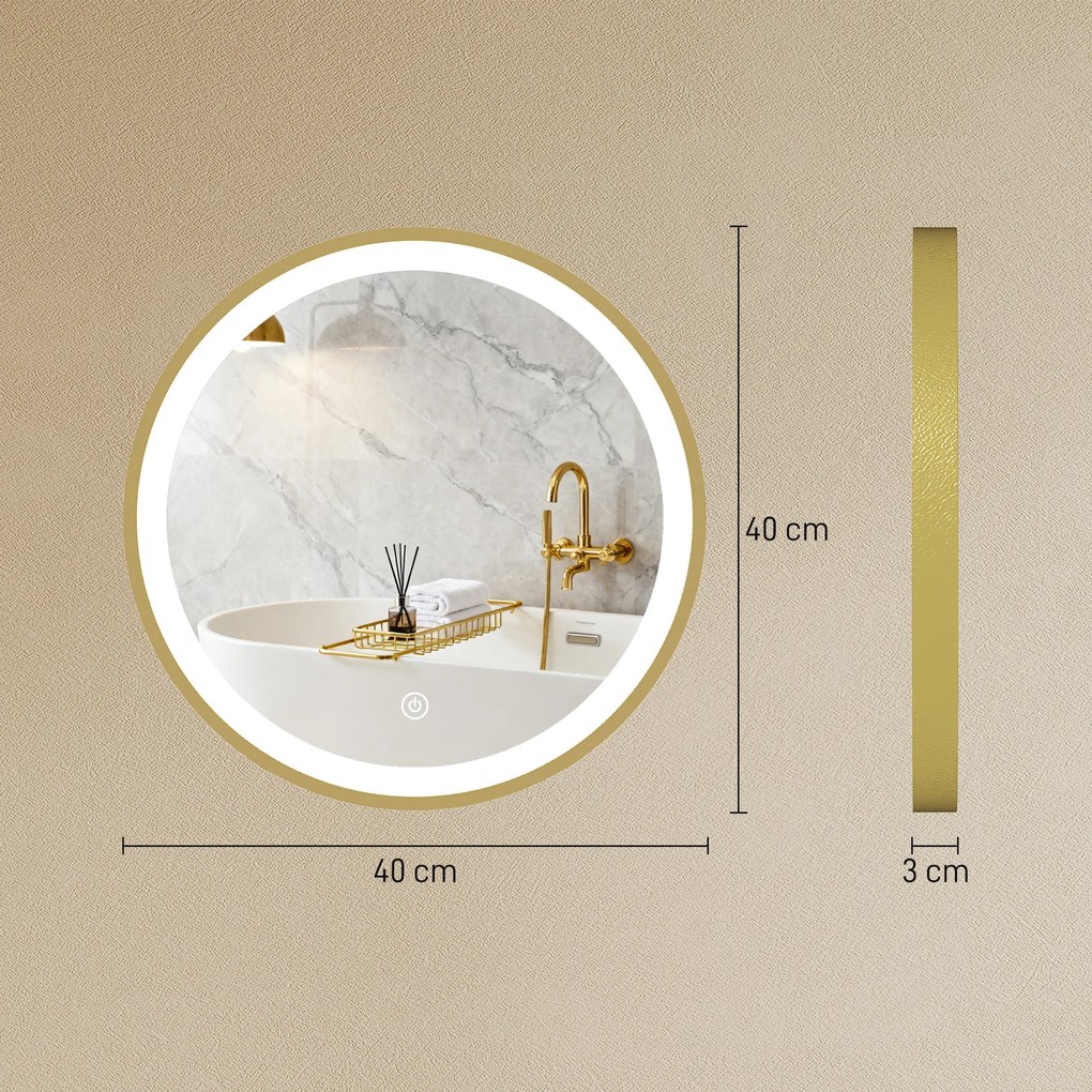 HOMCOM Oglindă de baie cu iluminare LED rotundă 40 cm, oglindă luminoasă de perete cu 3 temperaturi de culoare, reglabilă, auriu | Aosom Romania