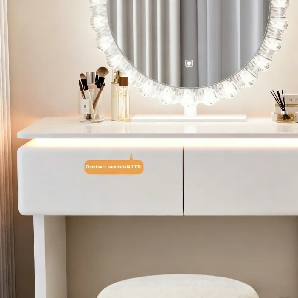 RESIGILAT- Set ELYSIA LED – Masă de Toaletă pentru Machiaj, cu Oglindă Iluminată LED, în trei culori, Control Touch, Comoda, Taburet, 80 cm, Alb