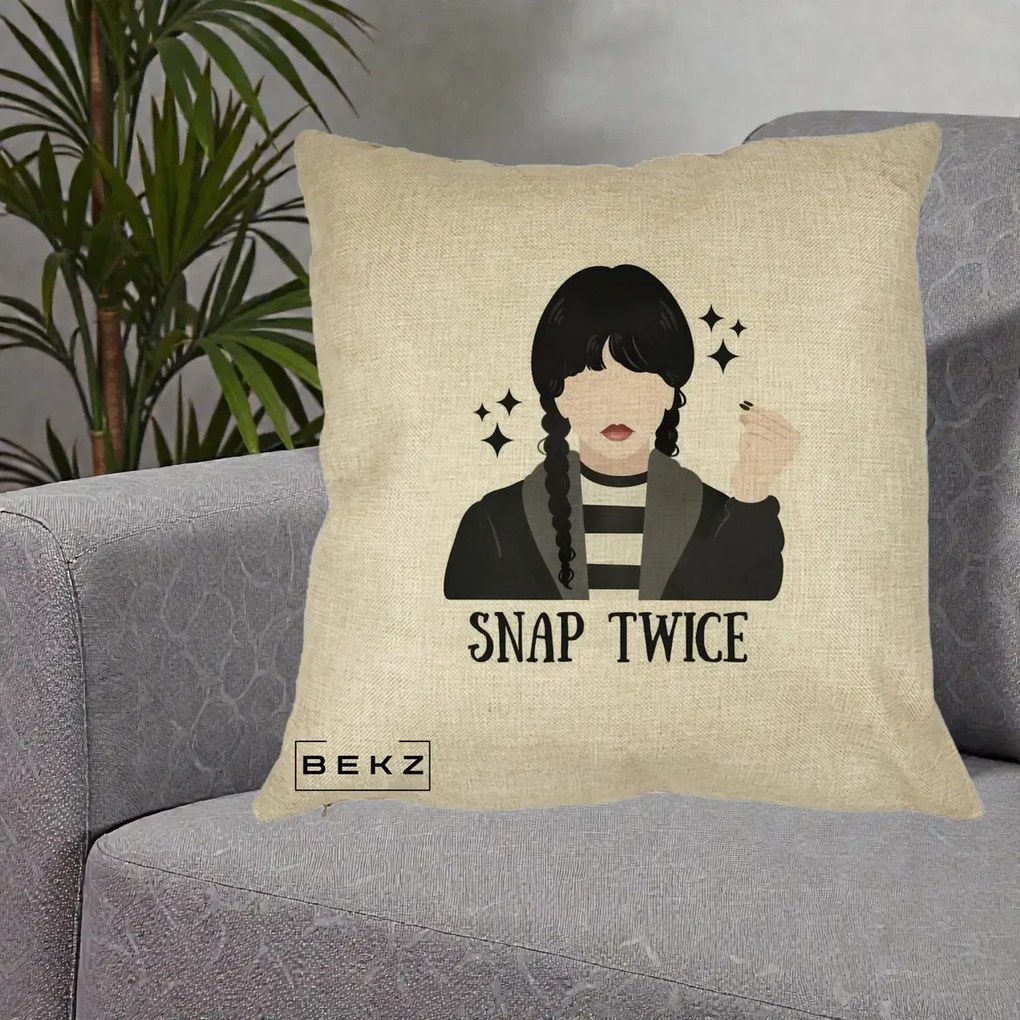 Perna Personalizata Wednesday Snap Twice, 40x40 cm, Crem, Husa Detasabila, Perna Inclusa, BEKZ®