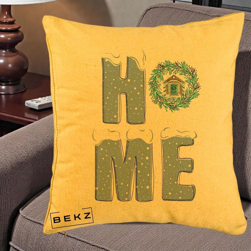 Perna Decorativa HOME Iarna cu Coroana, 40x40 cm, Galben, Husa Detasabila, Perna Inclusa, BEKZ®