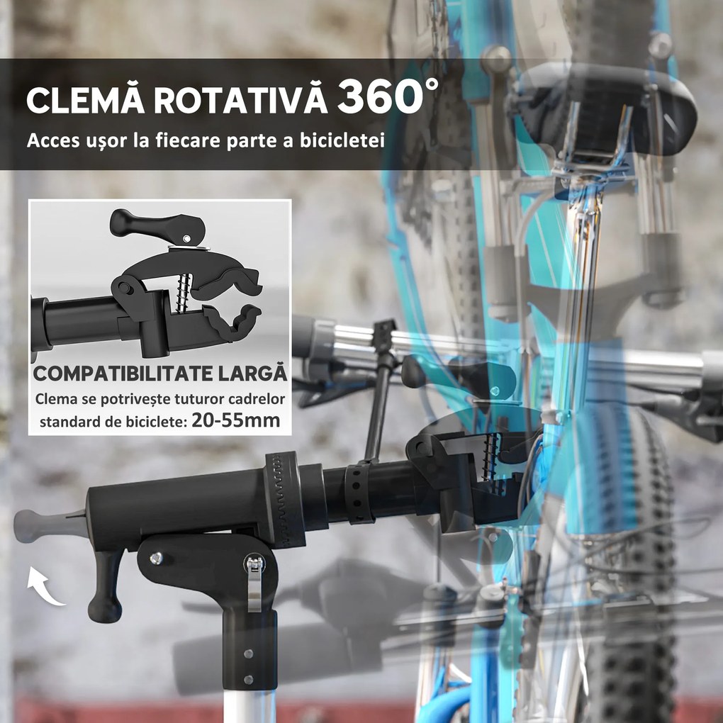 HOMCOM Stativ pentru Reparații Biciclete cu Înălțime Reglabilă, Rotativ 360° și Pliabil, 82x106x107-160 cm, Negru | Aosom Romania