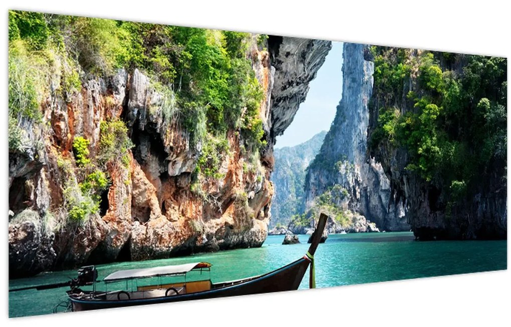 Tablou - Apă peisaj mediteranean cu barca (120x50 cm)