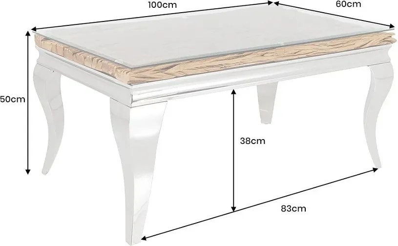 Masuta de cafea, Lemn de Tec, Sticla, Otel Crom, MODERN BAROCK BARRACUDA 100cm