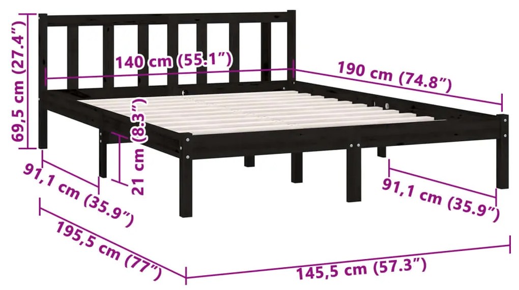 Cadru de pat, negru, 140x190 cm, lemn de pin masiv Negru, 140 x 190 cm