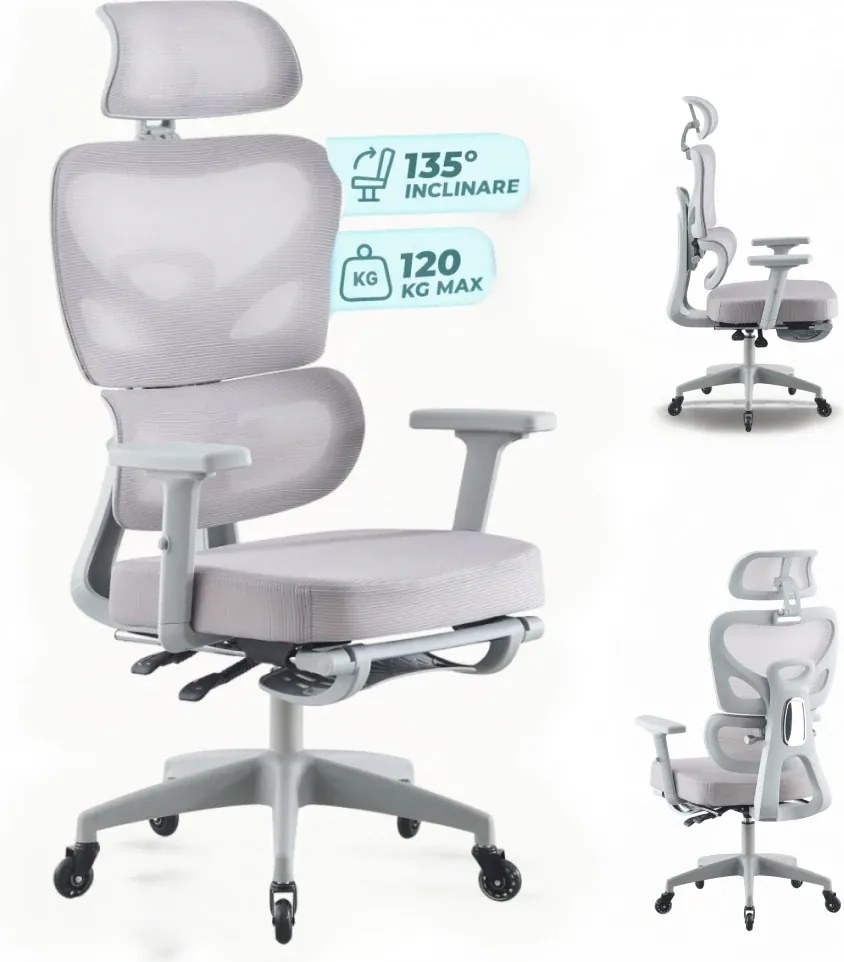 Scaun ergonomic, cotiere 3D, suport lombar adaptiv, spătar reglabil pe inaltime, tetiera 3D, suport pentru picioare, pivotant, Mesh, Gri