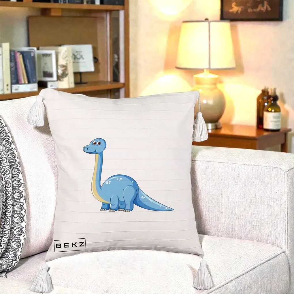 Perna Personalizata Brontosaur Albastru, 40x40 cm, Bej cu Franjuri, Husa Detasabila, Perna Inclusa, BEKZ®