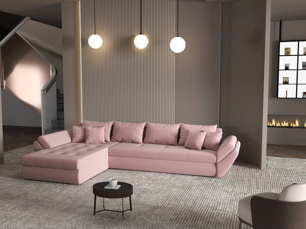 Colțar extensibil dumonde cu ladă de depozitare si sezut confortabil din spuma high-density, Loana XL Royal Roz 335x185 cm