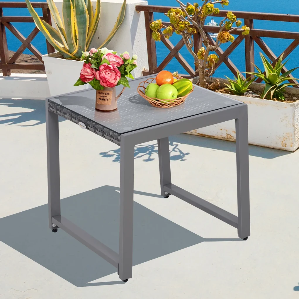 Outsunny Masă de Cafea pentru Terasă și Grădină cu Cadru din Aluminiu și Ratan PE, Suprafață Acoperită cu Sticlă, 50x50x50cm, Gri | Aosom Romania
