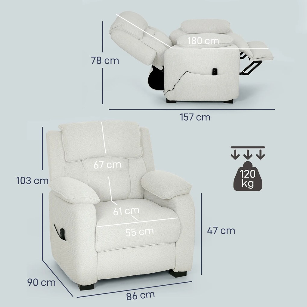 HOMCOM Fotoliu relax electric fotoliu recliner port USB suport picioare buzunare laterale telecomandă 86x90x103cm crem | Aosom Romania